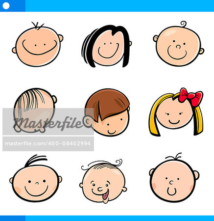 Cartoon Illustration of Cute Children or Babies Faces Set