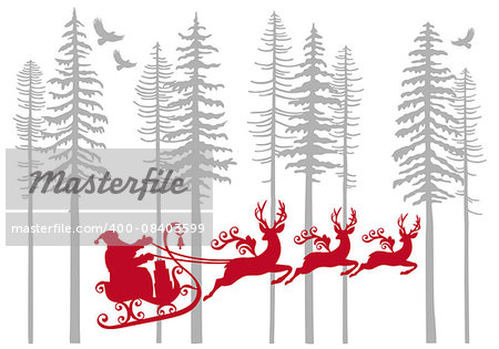 Santa Claus with his reindeer in fir forest, vector illustration