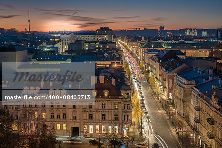 Aerial view of Old Town in Vilnius, capital city of Lithuania. Gediminas avenue, main representative street of the town