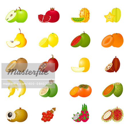 Vector illustration with colorful fruit icons and slices