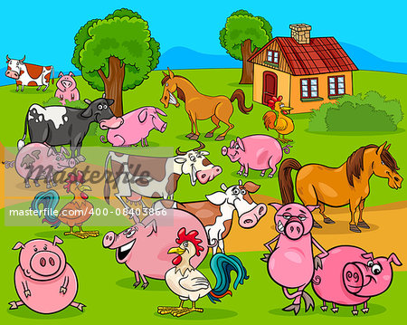 Cartoon Illustration of Country Scene with Farm Animals