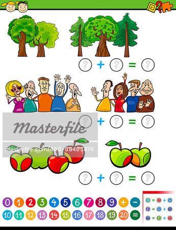 Cartoon Illustration of Educational Mathematical Addition Task for Preschoolers with Characters and Objects