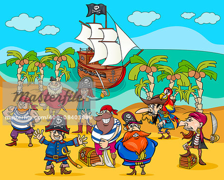 Cartoon Illustrations of Fantasy Pirate Characters on Treasure Island