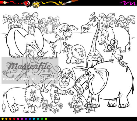 Black and White Cartoon Illustration of Scene with African Safari Animals Characters Group for Coloring Book