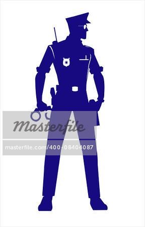 Policeman with the alert standing position holding a Handcuffs at the right hand. full body silhouette. Policeman silhouette. Policeman isolated