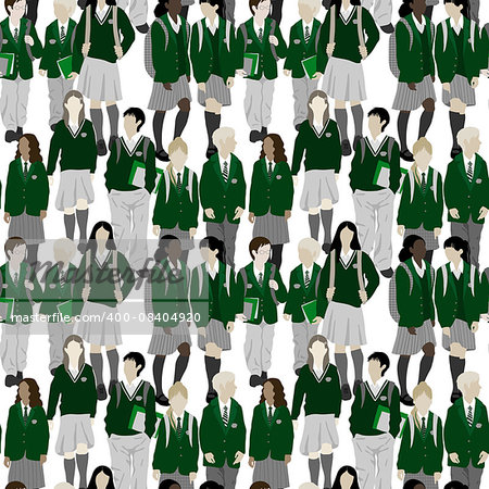 Group of students from high and elementary school. Boys and girls going to school. Vector seamless pattern