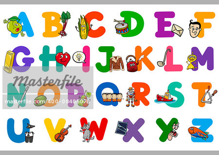 Cartoon Illustration of Capital Letters Alphabet Set with Objects for Reading and Writing Education for Preschoolers