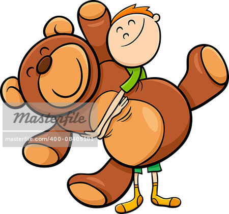 Cartoon Illustration of Cute Boy with Big Cuddly Teddy Bear