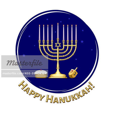 Happy Hanukkah illustration with menorah, sweet  doughnut and dreidel