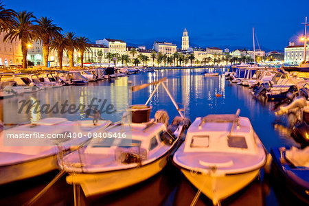 Split harbor and historic landmarks evening view, Dalmatia, Croatia