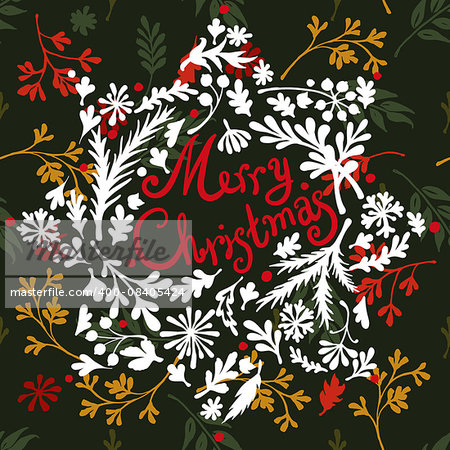 Vignette of vignette of branches and Christmas tree branches in the shape of a Christmas star , includes text Merry Christmas