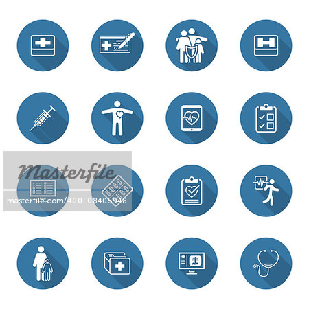 Medical and Health Care Icons Set. Flat Design. Isolated. Long Shadow.