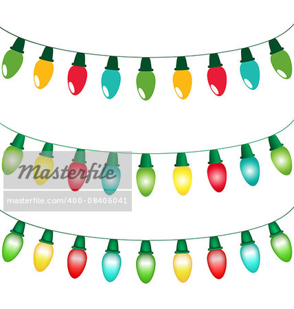 Multicolored led Christmas lights garlands in flat, gradient and mesh styles isolated on white background