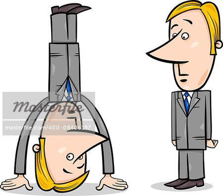 Concept Cartoon Illustration of Businessman Standind on his Head