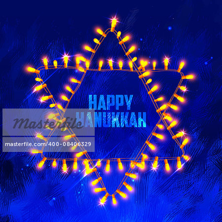 illustration of Happy Hanukkah, Jewish holiday background with light garland arrangement in shape of Star of David