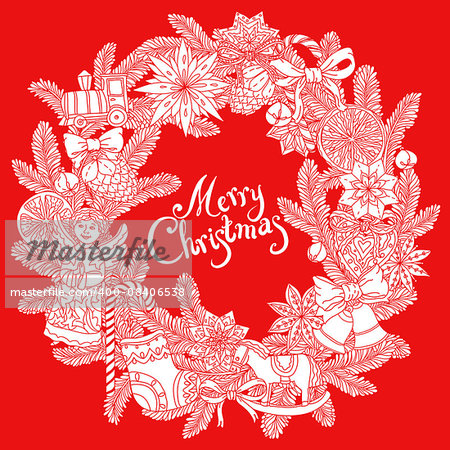 Christmas wreath with decorative items, hand-drawing includes text Merry Christmas