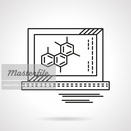Computer monitor with imaging of molecule. Chemical or biology research. Flat black line style vector icon. Single web design element for mobile app or website.