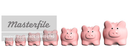 Conceptual image - growth of the capital. Seven 3d piggy banks from different sizes arranged in a line. Isolaten on white background