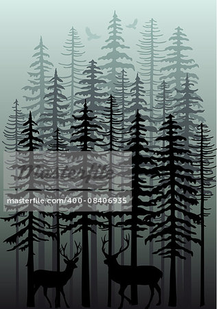 Deer in foggy winter forest with fir trees, vector illustration