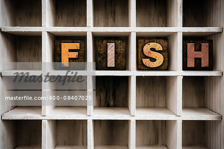 The word "FISH" written in vintage ink stained wooden letterpress type in a partitioned printer's drawer.