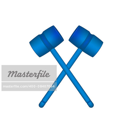 Two crossed wooden mallets in blue design on white background