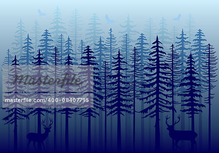 Blue winter forest with fir trees, deer and flying birds, vector illustration
