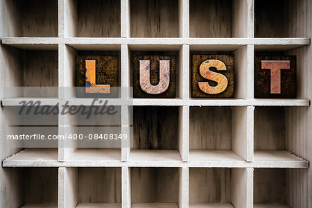 The word "LUST" written in vintage ink stained wooden letterpress type in a partitioned printer's drawer.