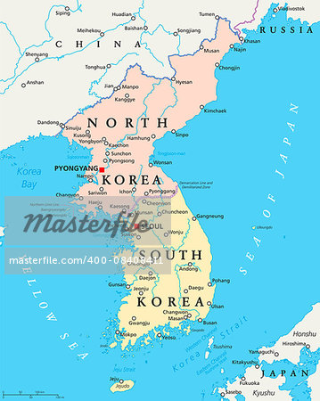 North Korea and South Korea political map with capitals Pyongyang and Seoul. Korean peninsula, national borders, important cities, rivers and lakes. English labeling and scaling. Illustration.