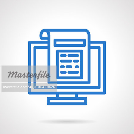 Computer monitor with paper sign. Email marketing, newsletter and subscription. Blue simple line style vector icon. Web design element for website and mobile app.