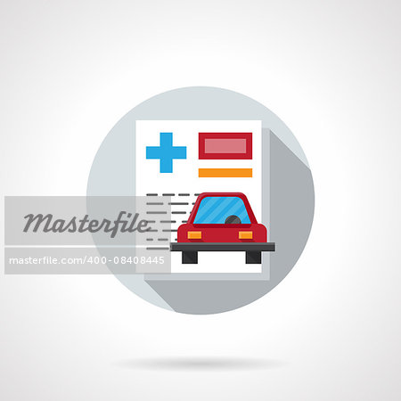 Insurance contract. Document paper and red car. Driver health and care. Round flat color vector icon. Design element for website, mobile app, business.