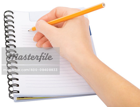 Hand writing in notebook on isolated white background