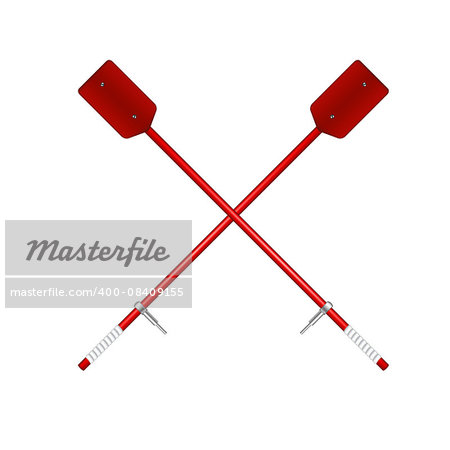Two crossed old oars in red design on white background