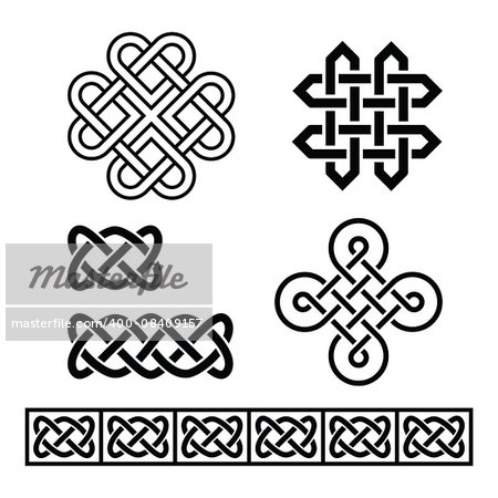 Set old traditional Celtic symbols, knots, braids in black and white