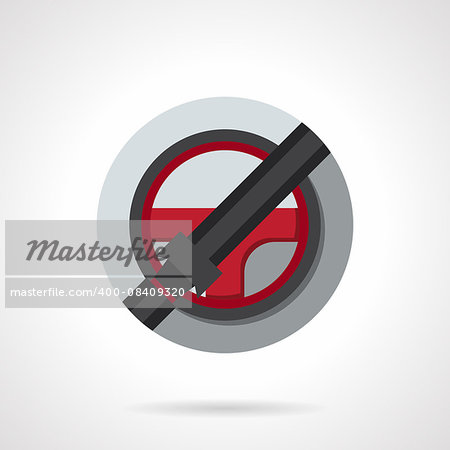 Red steering wheel with locked seatbelt. Driver safety symbol, car insurance. Round flat color style vector icon. Single web design element for mobile app or website.