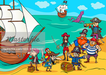 Cartoon Illustrations of Fantasy Pirate Characters with Ship on Treasure Island