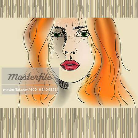 hand drawing portrait of orange haired girl with long hair