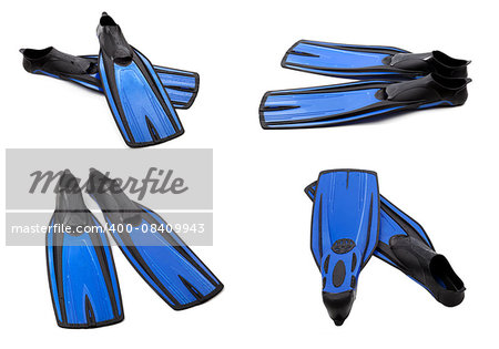 Set of blue swim fins for diving isolated on white background