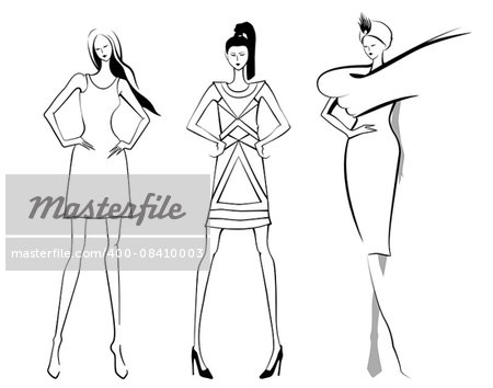 Fashion models.Sketch in black and white color. Set of vector women or girls.