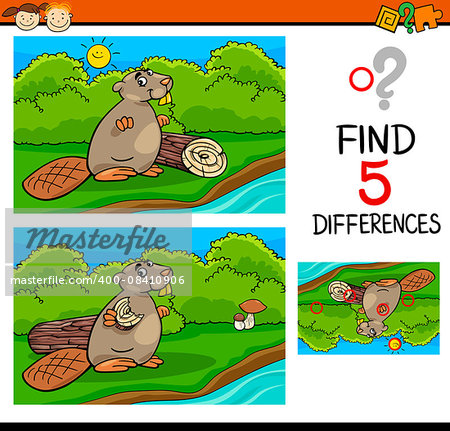 Cartoon Illustration of Finding Differences Educational Task for Preschool Children with Beaver Animal Character