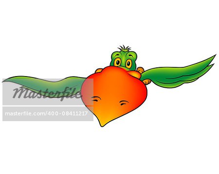 Green Flying Parrot With Big Red Beak - Colored Cartoon Illustration, Vector