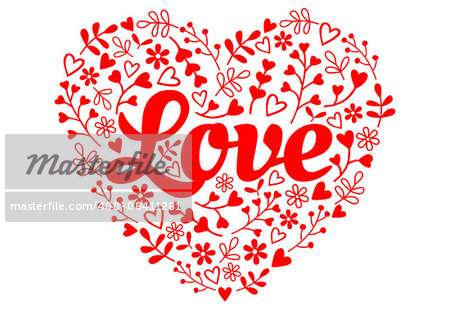 Love red flower heart, floral vector illustration for Valentine's day card