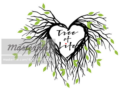 tree of life, heart shaped tree branches with green leaves, vector illustration