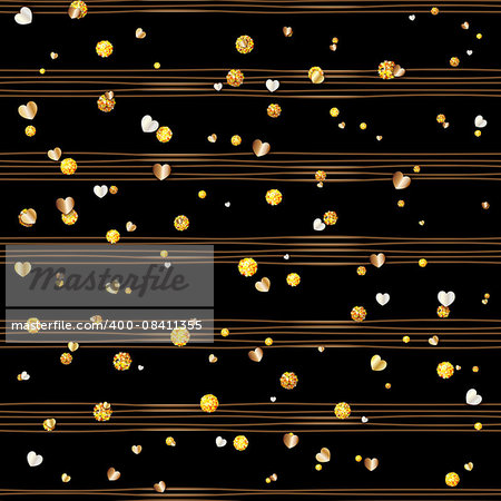 Seamless pattern of random gold balls and hearts on trendy black background with brown stripes. Elegant pattern for background, textile, paper packaging and other design. Vector illustration.