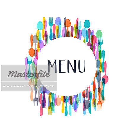 Restaurant menu design with colorful cutlery silhouette signs