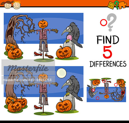 Cartoon Illustration of Finding Differences Educational Task for Preschool Children with Halloween Characters