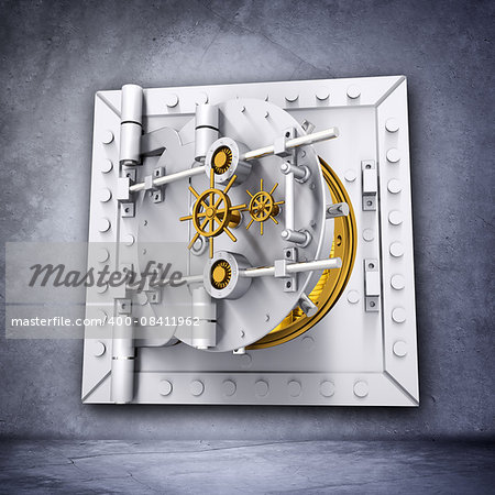 Open metallic bank vault door on grey wall background