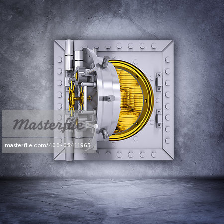 Open metallic bank vault door on grey wall background