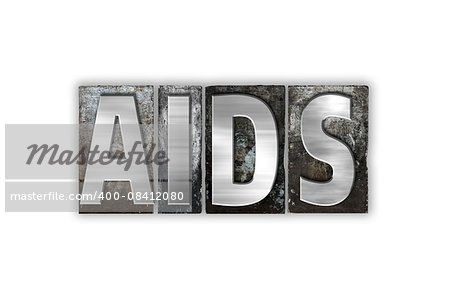 The word "AIDS" written in vintage metal letterpress type isolated on a white background.