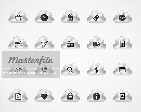 Shopping icons on detailed metallic cloud buttons