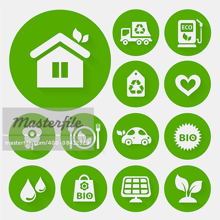 Ecological icons collection on round green buttons